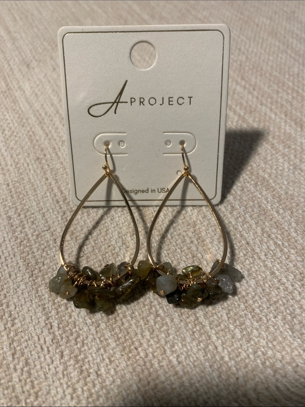 Gold Teardrop Earrings with Olive Green Gemstone Cluster